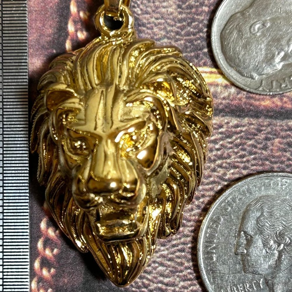 Large Huge Bold Yellow Gold Plated Stainless Steel Lion Pendant Courage Symbol - Picture 8 of 9